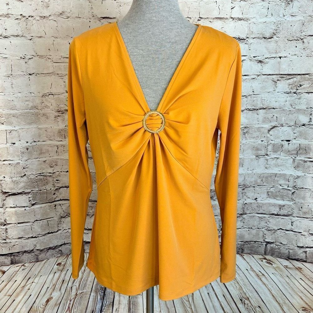 Michael Kors Twist Front Marigold Gold Mustard Blouse Long Sleeve Womens Large